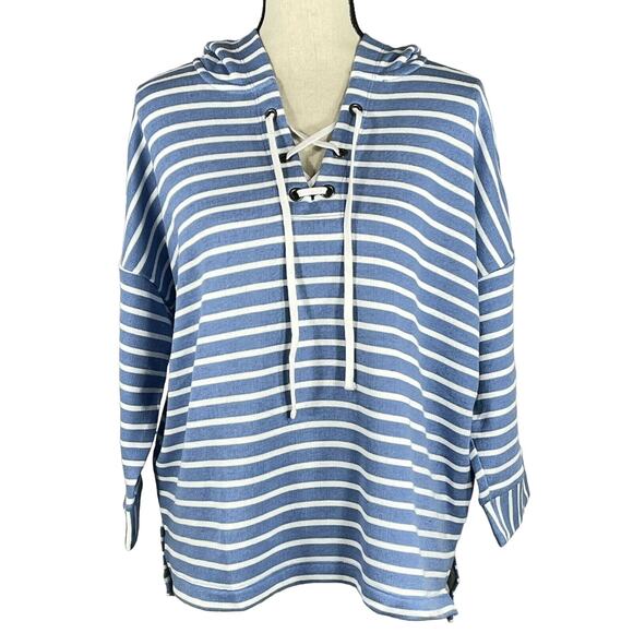 Style & Co X-Large Hooded Sweatshirt 3/4 Sleeve Lace-Up Neck Hi-Low Striped - Picture 1 of 9